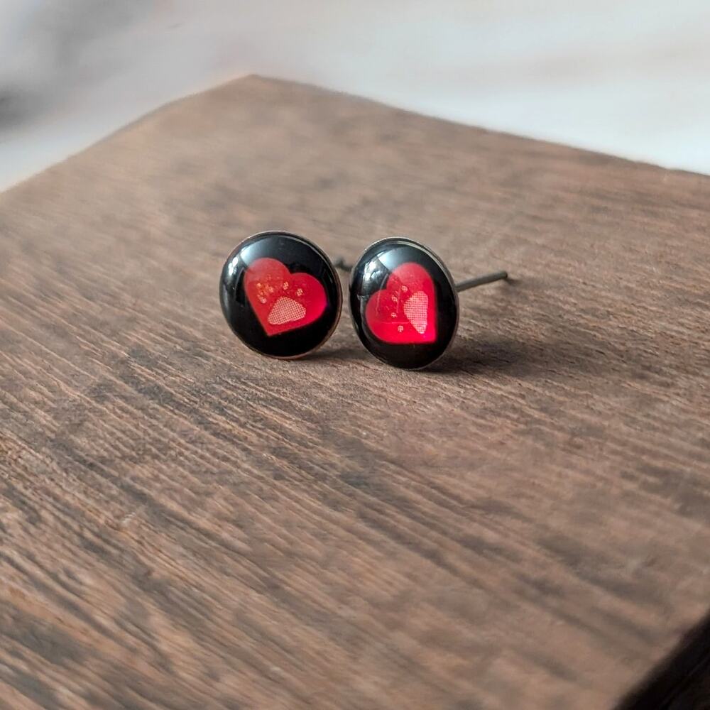 Vintage Stud Earrings Unusual Black with Red Heart with Paw Print - Small